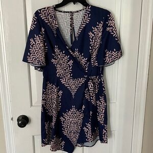 Navy and Pink Patterned Wrap Dress